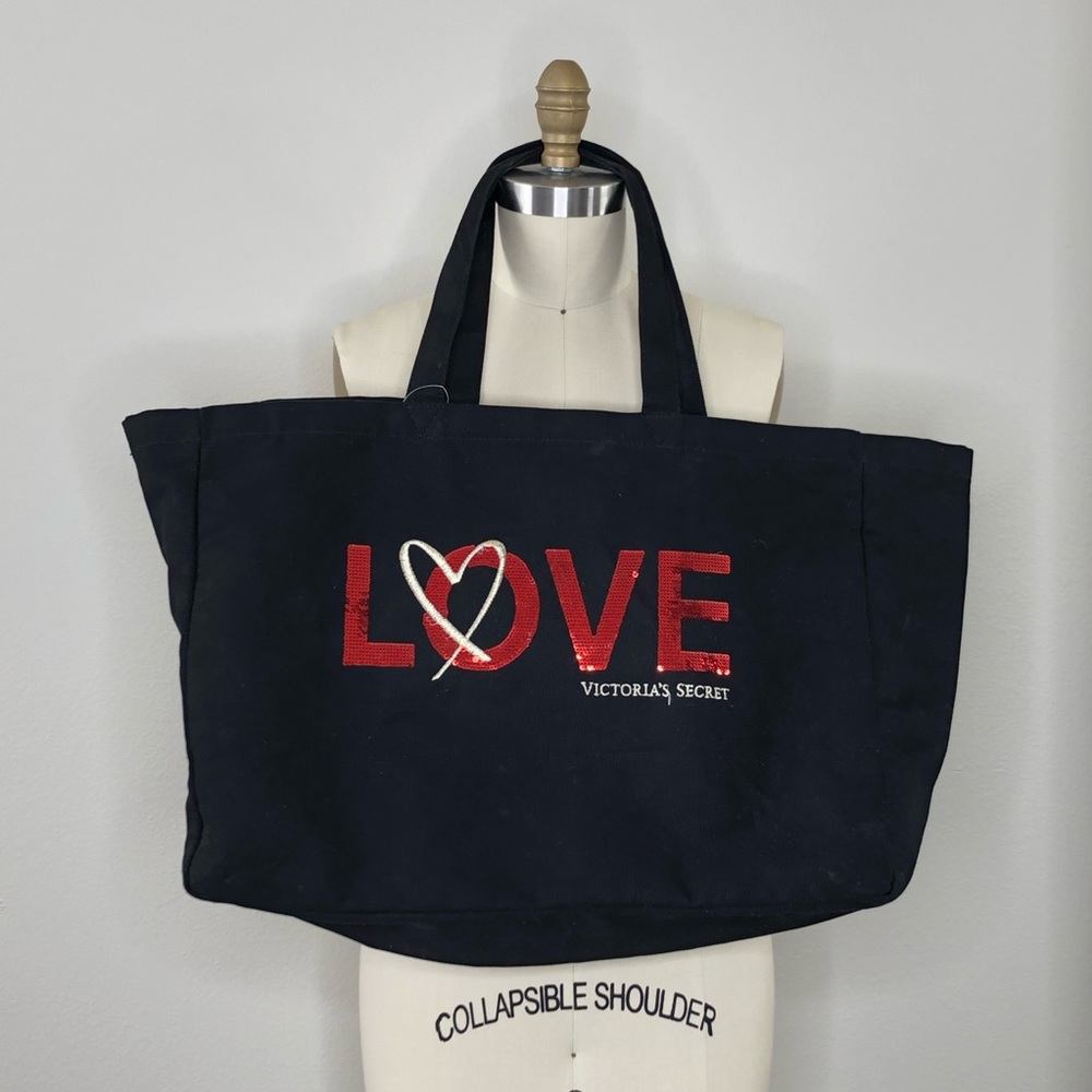 Victoria’s Secret Love Black Red Sequin Heart XL Tote Bag